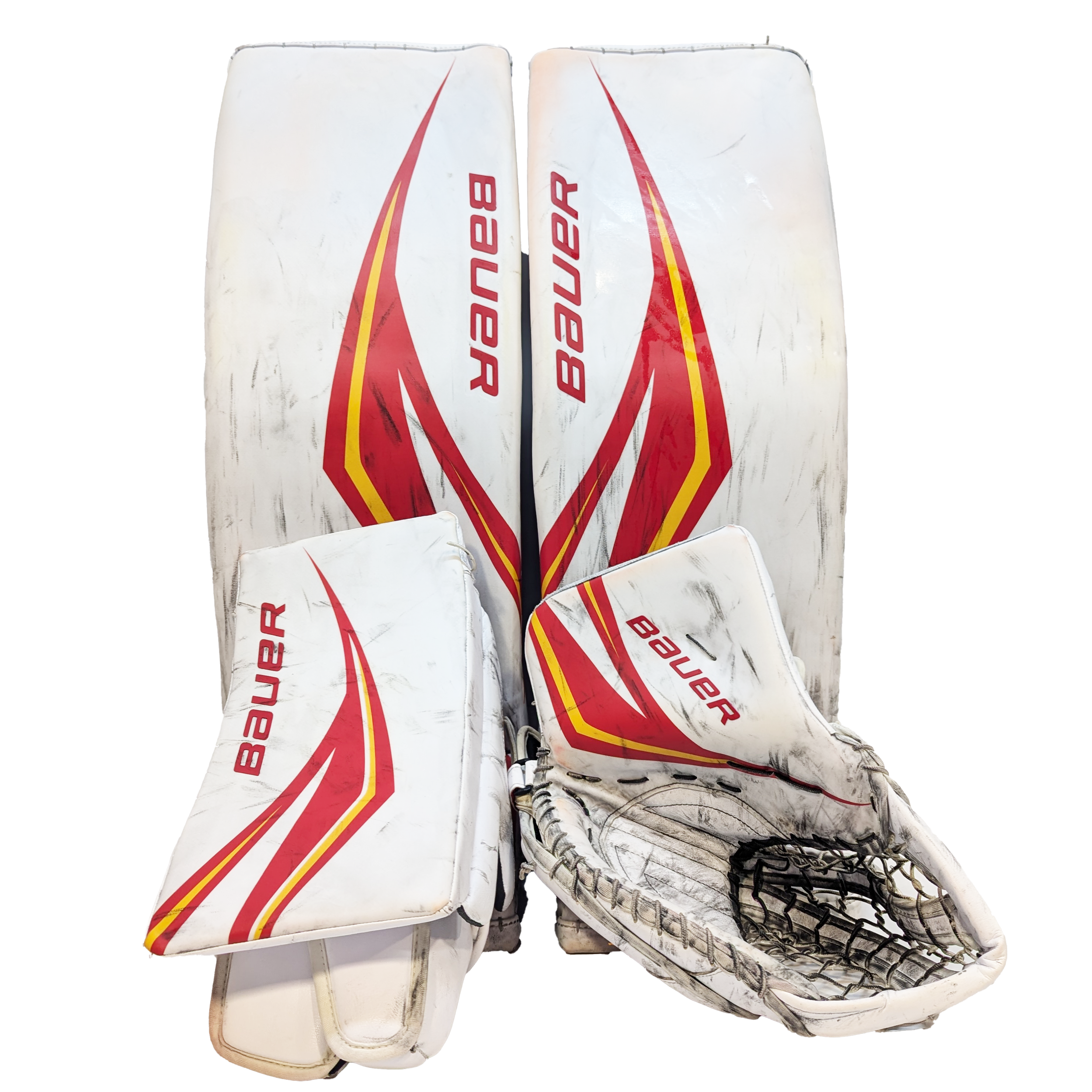 Bauer Vapor HyperLite - Ensemble complet de gardien de but Pro Stock d'occasion AHL (blanc/rouge/jaune)